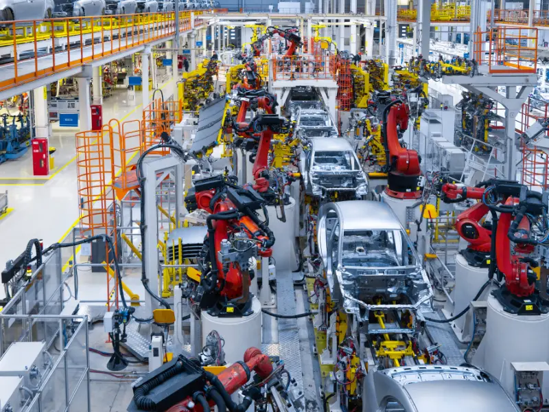 Línea de ensamblaje robótico en planta automotriz automatizada, industria que requiere los componentes de alambre de precisión trefilado por Comenk.